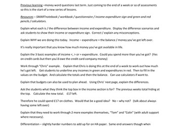 Calculating budgets using income & expenditure  + fun attitude to money questionnaire. Autism linked