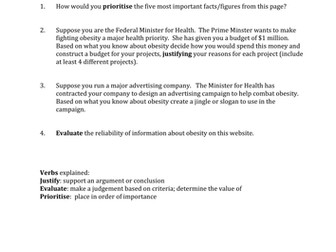 Activity sheets on Obesity