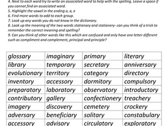 A Word Sort for suffixes ary, ory, ery.