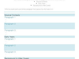 Killer Queen Background Literacy Activity (Edexcel GCSE Music 9-1)