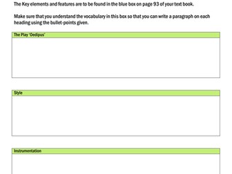 Music for a While Literacy Worksheet - Key Elements (Edexcel GCSE Music 9-1) AoS2