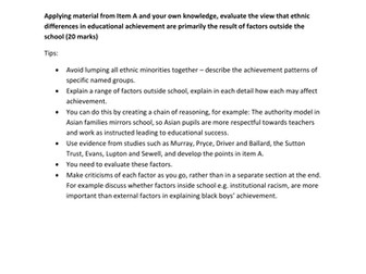 AS Sociology - Ethnicity and education 20 mark exam question