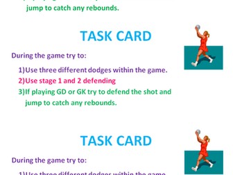 Mini task cards for netball - defending, dodging, shooting, peer-evaluation.
