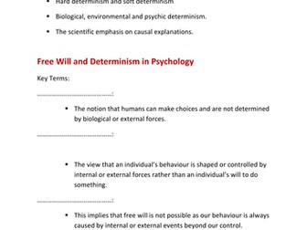 AQA new A Level Psychology Issues and Debates Paper 3: Free will and determinism worksheet