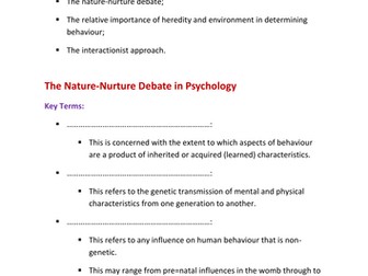 AQA new A Level Psychology Issues and Debates Paper 3: The nature-nurture debate worksheet