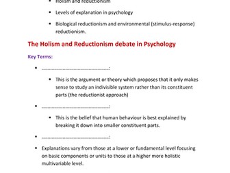 AQA new A Level Psychology Issues and Debates Paper 3: Holism and Reductionism worksheet