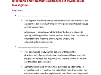 AQA new A Level Psychology Issues and Debates Paper 3: Idiographic and nomothetic approaches