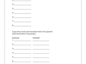 8 Packs of Basic Vocabulary English Spanish Worksheets (Scaffoled- Independent Work)