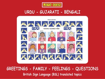 BSL Greetings, Family, Feeling & Questions Signs with URDU, GUJARATI & BENGALI Translations
