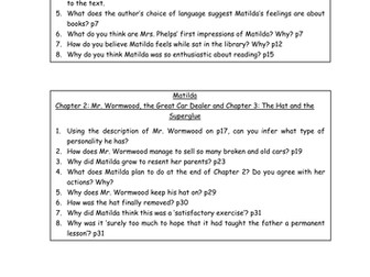 Matilda by Roald Dahl Reading Comprehension