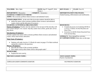 Economics IGCSE Lesson Plan (week 1) YR 10