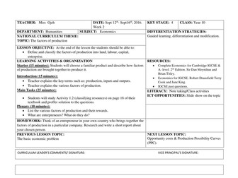 Economics IGCSE LEesson plan for year 10 (week 2)