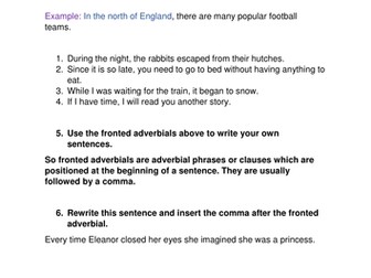 Fronted adverbials - Smart board with differentiated challenges and extension activity