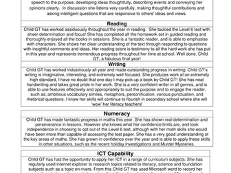 End of Year 6 report for Gifted and Talented child.
