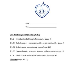 2015 AQA A-level Biology Unit 3.1.1-3.1.3 - Carbohydrates and Lipids Workbook
