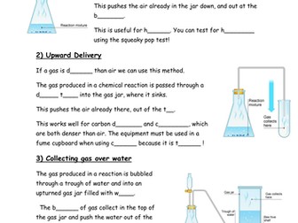 Gas collection and tests - fill in the blanks worksheet