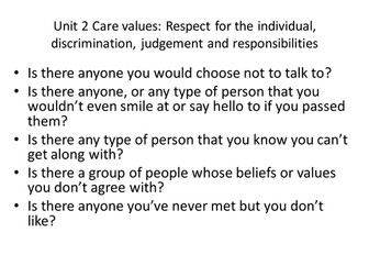 Health and Social Care BTEC Firsts unit 2 (Care Values) Discrimination and judgement