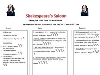 Takeaway homework menu for Shakespeare