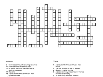 IGCSE Economics - Crossword on Basic Economic terms