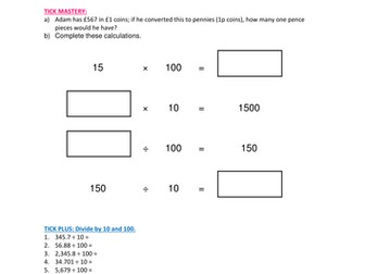 Year 5/6 Maths- Multiply & Divide by 10, 100, 1000- Includes answers/3 way differentiated