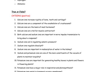 True or False Plenary/Revision for Inorganic Ions (OCR Biology (+2015)