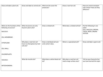 Cells and specialised cells A3 revision worksheet