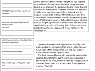 GCSE 'A Christmas Carol' worksheet with questions to annotate the meaning of the three spirits