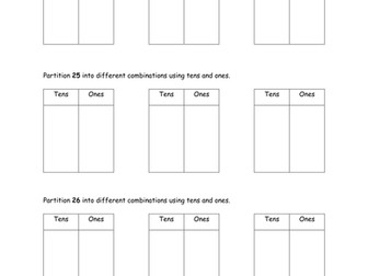 Partitioning two-digit numbers into different combinations of tens and ones - a worksheet.