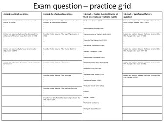 GCSE History - Edexcel Modern World History Unit 1 (Cold War) Exam question practice grid