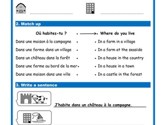 French places to live (Ou j'habite) - Simple Worksheets (Studio/Expo)