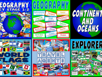 *GEOGRAPHY BUNDLE* ACTIVITIES, KEY WORD DISPLAY, CONTINENTS AND OCEANS, WORLD FLAGS, TRAVEL AGENTS, EXPLORERS - WORLD FLAGS, KEY STAGE 1-2, ROLE PLAY
