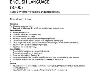 Section A of the AQA GCSE English Language Paper 2: Writers' viewpoints and perspectives