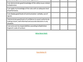 GCSE PE Badminton Officiating Personal Learning Assessment Checklist