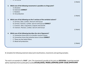 Edexcel GCSE Physical Education Unit 1 Applied Anatomy and Physiology Mid Term assessment