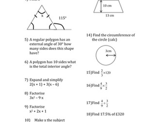 Mathematics GCSE D/C Homework 1-8