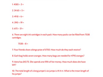 Differentiated Division Problems: Whole numbers and decimals