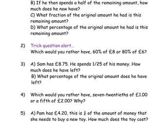 Fractions, and Percentages with Money word problems