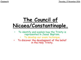 The historical development of the Trinity - The Council of Nicaea/Constantinople.