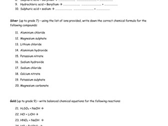 A differentiated worksheet  (inc answers) for word & symbol equations for the 4 reactions of acids