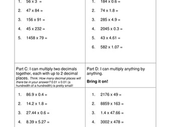Long multiplication practice, 4 levels: builds up to decimals (2dp x 2dp)