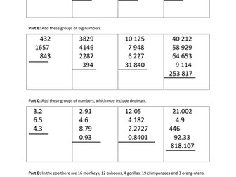 Column addition practice: adding 3, 4 or 5 numbers