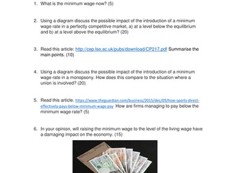 Minimum wage questions, with links to online articles. A level Economics