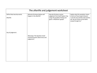 The afterlife and judgement worksheet