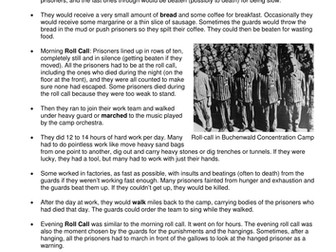 Information sheet - A day at a concentration camp. For lessons on the Holocaust.
