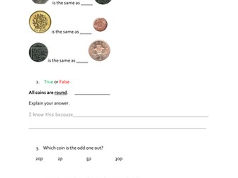 Year 1 Money worksheets maths mastery questions