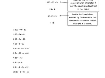 Algebra Worksheet (Linear equations) and 'Steps to Success' success criteria