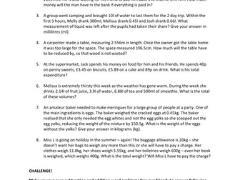 Addition and Subtraction "Real Life" word problems (3 differentiated worksheets)