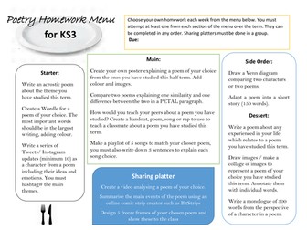 Homework menu KS3 Poetry