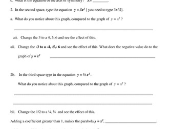Guided worksheet on Transformations of Parabolas using Technology and Guided expansion using BOX