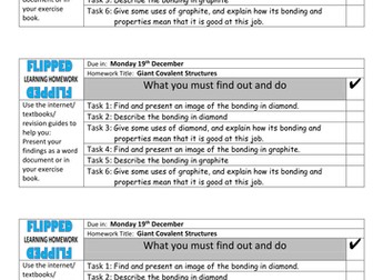 Giant Covalent Structures. Flipped Learning Task for AQA  GCSE Chemistry old and new syllabus.